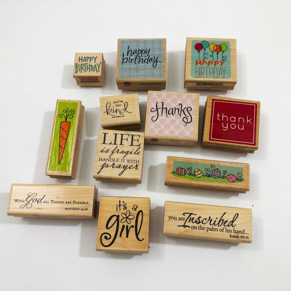 Set of 12 Crafting Stamps Miscellaneous Happy Birthday Life is Fragil ETC Used